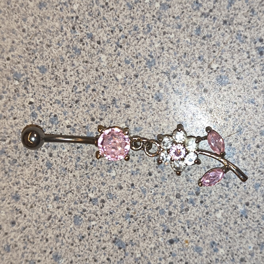 Bellybutton Ring Vintage Sterling Silver 925 With Pink &  White Flower-NWOT